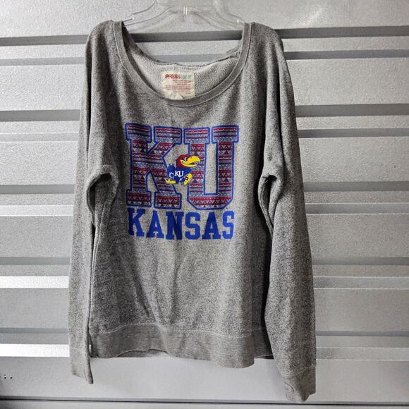 KU Kansas Jayhawks Women's Large Sweater Sweatshirt Press Box Gray Thumb hole‎ - Picture 2 of 6